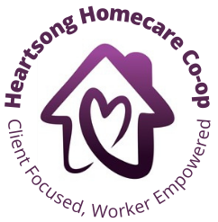 Logo for Heartsong Homecare Co-op features a linedrawing of a home with a heart in the center